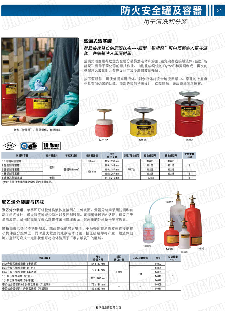 美國(guó)杰斯瑞特，JUSTRITE，活塞安全罐，盛漏式活塞罐，化學(xué)品分裝罐，